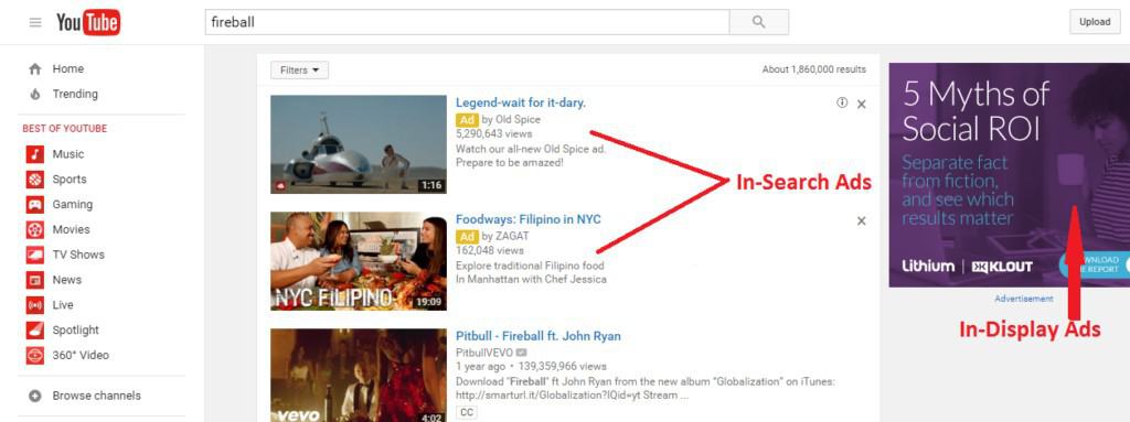 example of in-search & display ads for youtube advertising